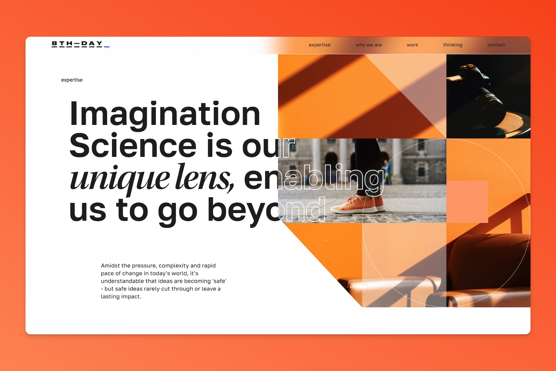Render of 8TH DAY 'Expertise' page on their website featuring an orange composition