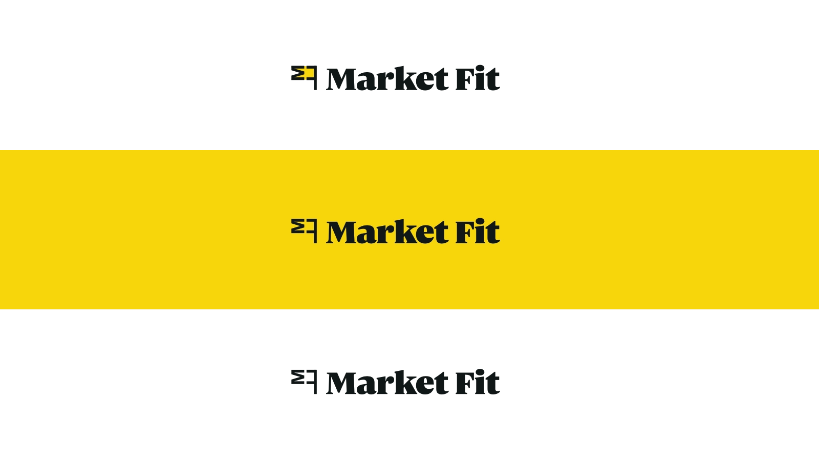 Mockup of Market Fit logo using the accent colour and in black and white